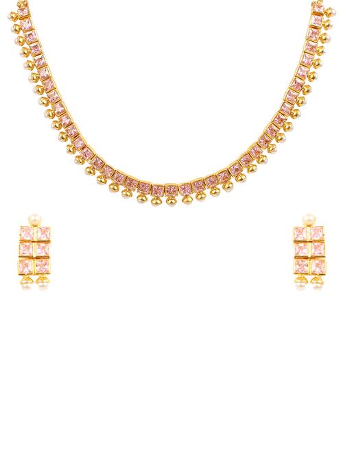 pink color, gold plated necklace set with earrings - 11320803 - Very Small Image - 1