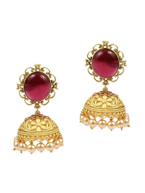gold and magenta gold plated jhumkas - 11334831 - Very Small Image - 1
