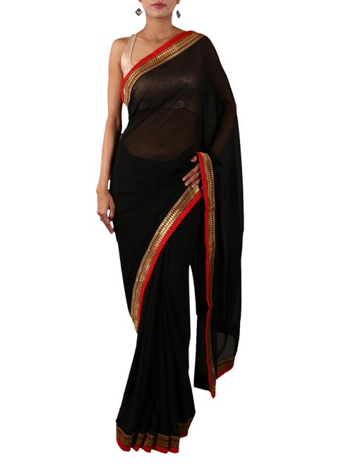 Zari Border Solid Black Sheer Saree - 1134631 - Very Small Image - 1