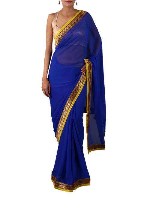 Zari Border Solid Blue Sheer georgette Saree - 1134632 - Very Small Image - 1