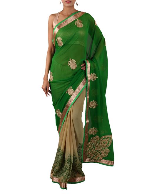 green & beige half & half saree - 1134666 - Very Small Image - 1
