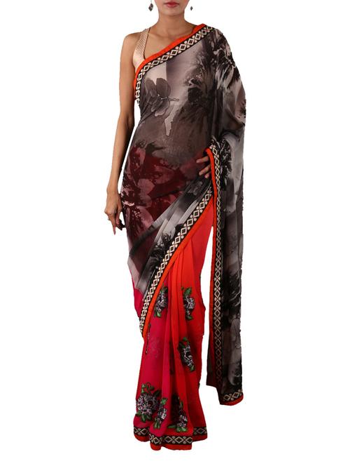 black printed and embroidered half and half saree - 1134667 - Very Small Image - 1
