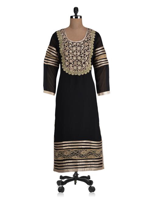 black round neck embroidered long kurta - 1135277 - Very Small Image - 1