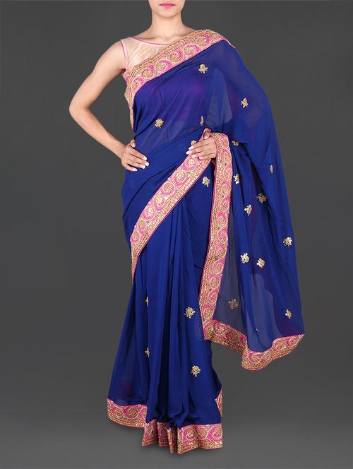 Blue scroll pattern border georgette saree - 1136516 - Very Small Image - 1
