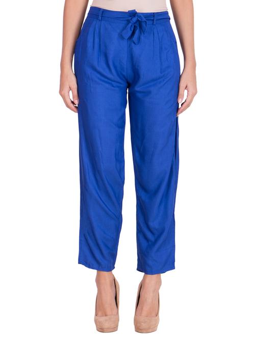 solid blue cotton pleated trouser - 11369140 - Very Small Image - 1