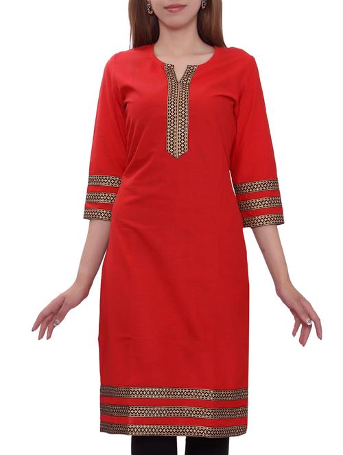 red color, cotton regular kurta - 11373359 - Very Small Image - 1