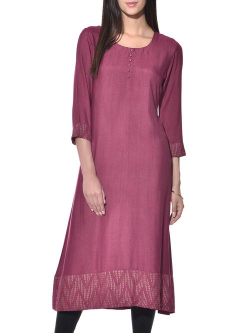 wine hand block print tussar cotton kurta - 11422051 - Very Small Image - 1