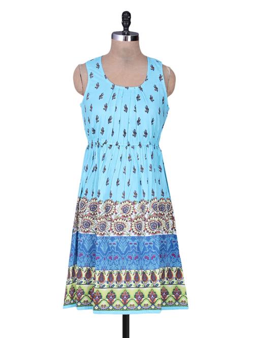 blue gather printed cotton kurta - 1143262 - Very Small Image - 1