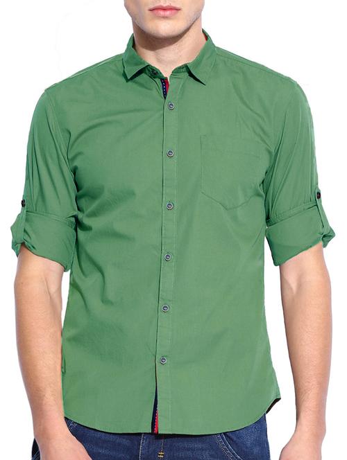 solid green cotton casual shirt - 11437052 - Very Small Image - 1