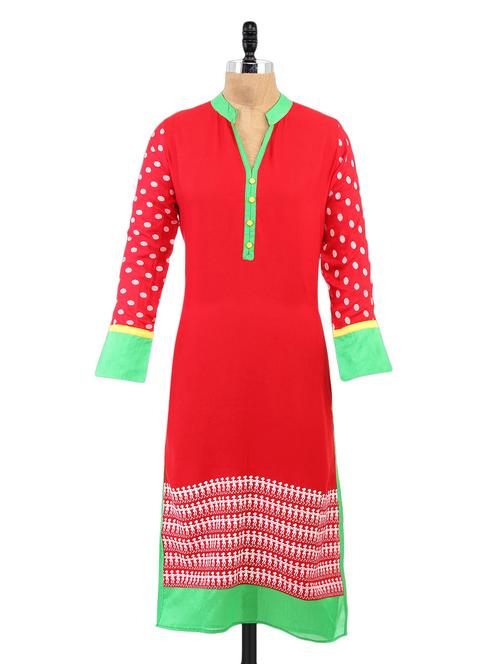red mandarin collar printed kurta - 1145311 - Very Small Image - 1