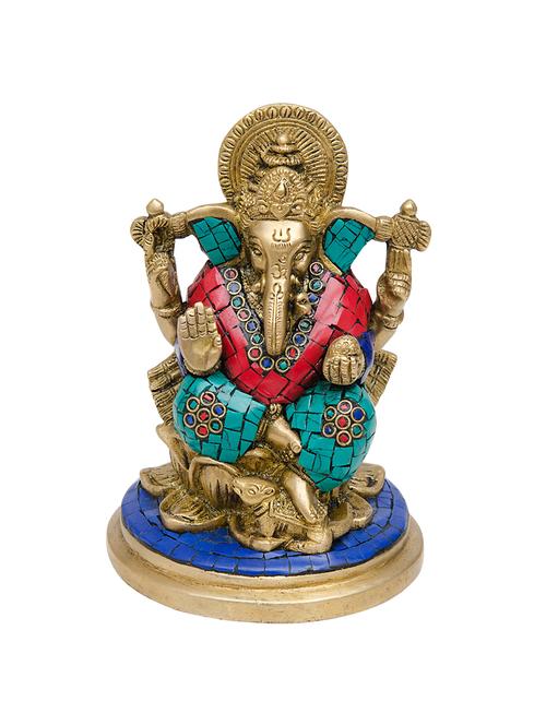 ganesha statue ganesh sitting idol of brass with stone work - 11454135 - Very Small Image - 1