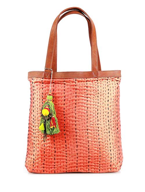 peach hand embroidered tasselled silk tote - 11457831 - Very Small Image - 1