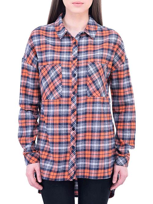 orange checkered cotton regular shirt - 11459255 - Very Small Image - 1