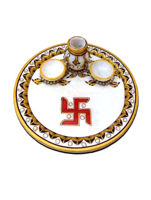 white marble pooja thali - 11462325 - Very Small Image - 1