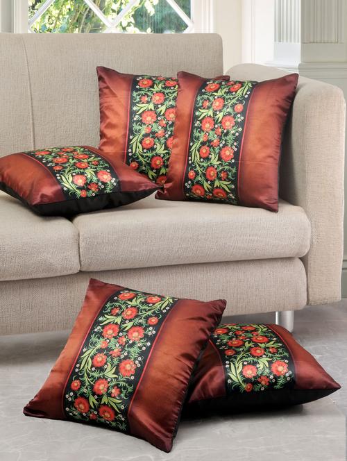 brown polysilk printed cushion cover (set of 5) - 11465424 - Very Small Image - 1