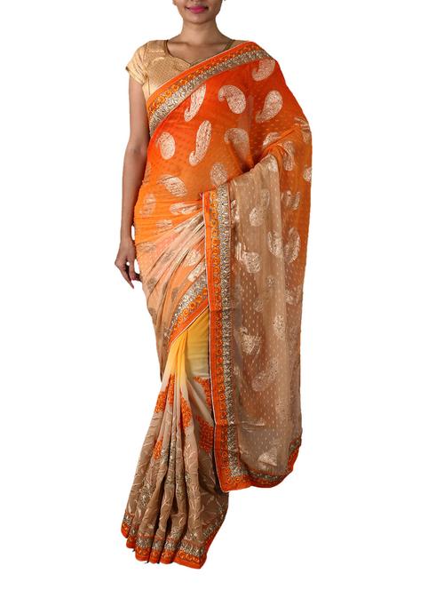 Orange And Beige Embroidered Chiffon Saree - 1146759 - Very Small Image - 1