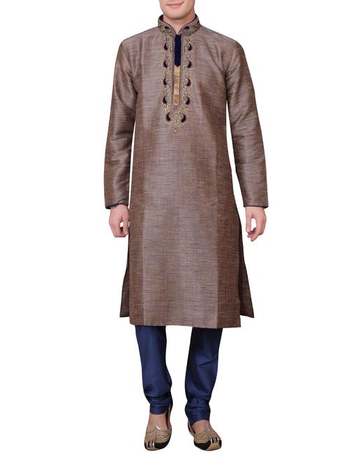 brown embroidered silk blend kurta - 11477982 - Very Small Image - 1