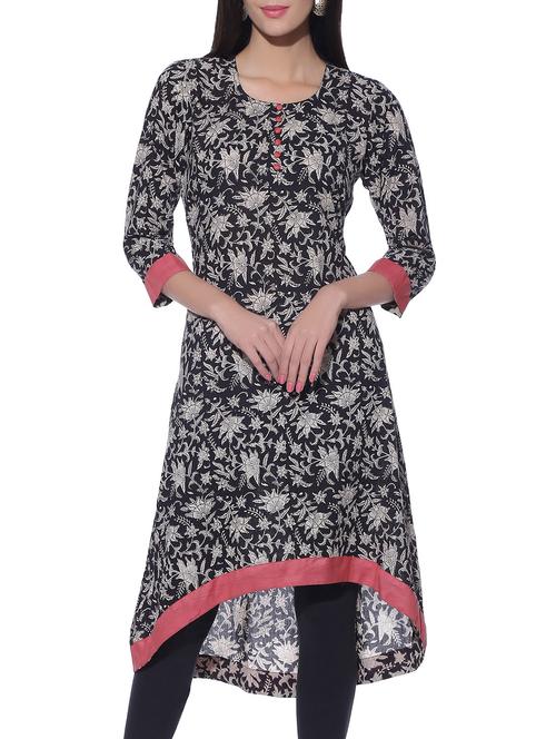 monochrome cotton kalamkari hand-block printed kurta - 11483817 - Very Small Image - 1