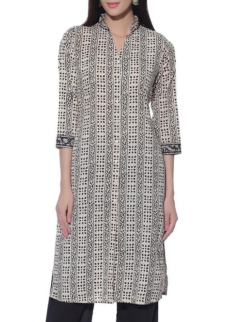 monochrome cotton kalamkari hand-block printed kurta - 11483819 - Very Small Image - 1
