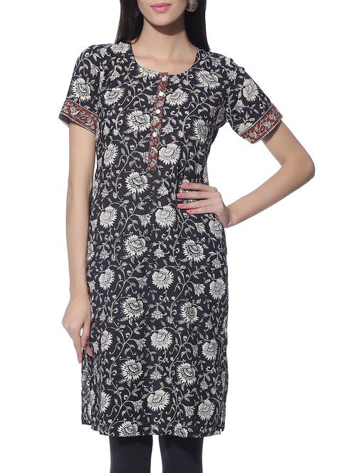 monochrome cotton kalamkari hand-block printed kurta - 11483827 - Very Small Image - 1