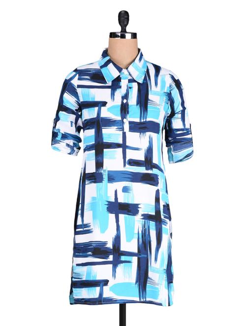 white kurta with blue printed strokes - 1149479 - Very Small Image - 1