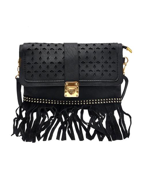 solid black leatherette fringed sling bag - 11508238 - Very Small Image - 1