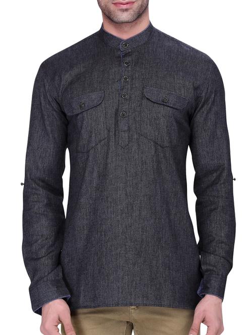 solid charcoal grey cotton short kurta - 11513211 - Very Small Image - 1
