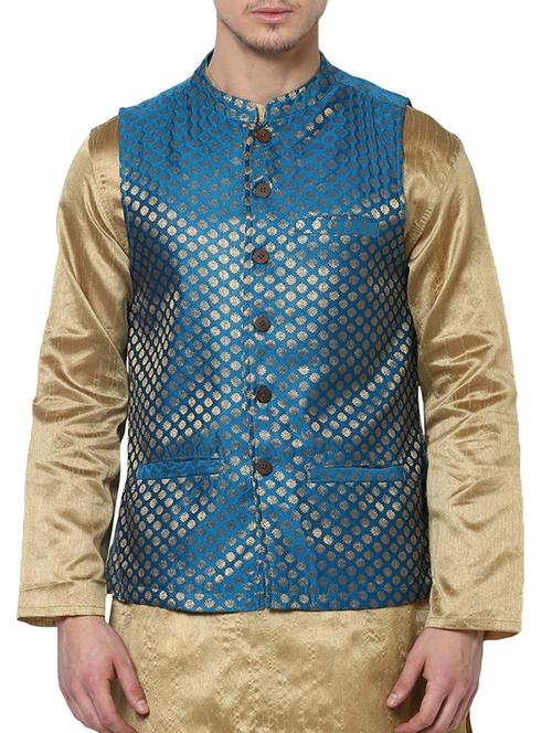 teal blue silk blend nehru jacket - 11517052 - Very Small Image - 1