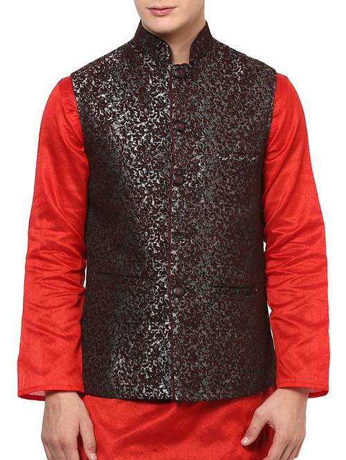 brown silk blend nehru jacket - 11517062 - Very Small Image - 1