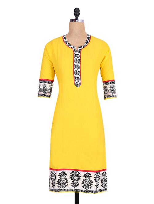 block printed border yellow cotton kurta - 1152307 - Very Small Image - 1
