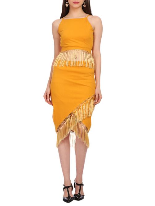 yellow color, cotton two piece dress with fringes - 11529189 - Very Small Image - 1