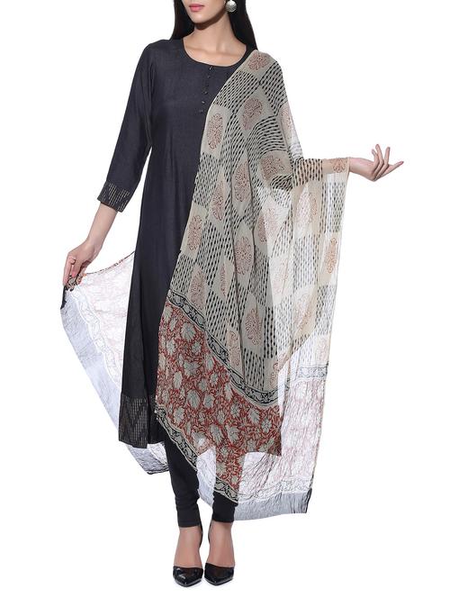 multicoloured chiffon kalamkari hand block printed dupatta - 11531453 - Very Small Image - 1