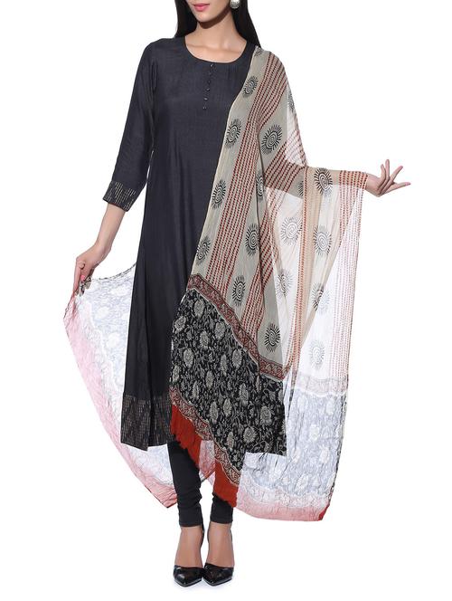 multicoloured chiffon kalamkari hand block printed dupatta - 11531460 - Very Small Image - 1