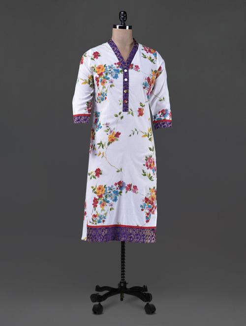 white floral print cotton kurta - 1154020 - Very Small Image - 1