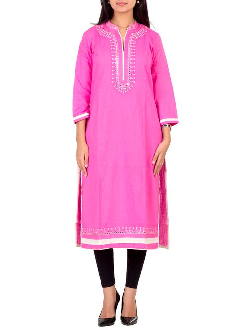 pink embroidered linen kurta - 11540458 - Very Small Image - 1