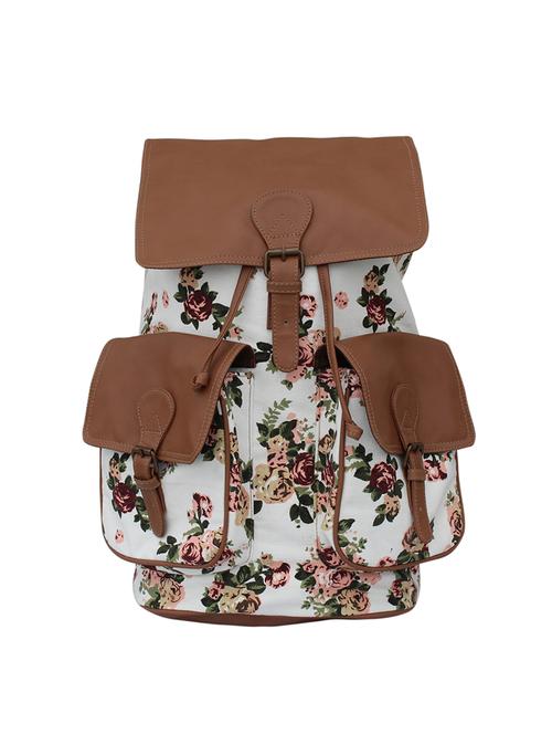 brown color, canvas floral printed backpack - 11542796 - Very Small Image - 1