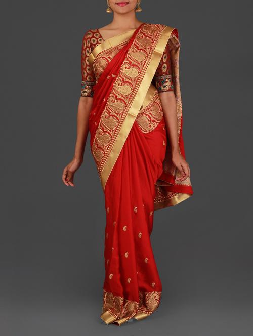 gold paisley red satin saree - 1154987 - Very Small Image - 1