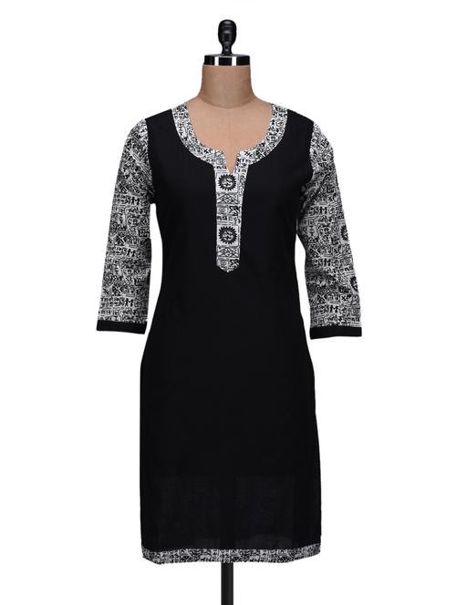 black plain printed cotton kurta - 1155480 - Very Small Image - 1