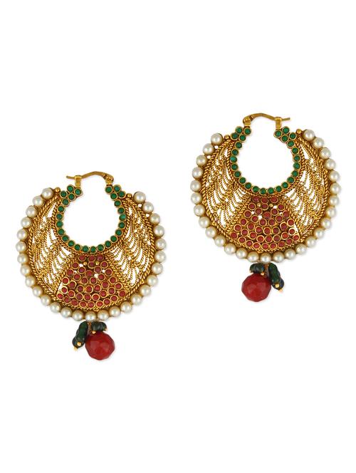 red & green polki embellished jali work chandbali - 1157191 - Very Small Image - 1