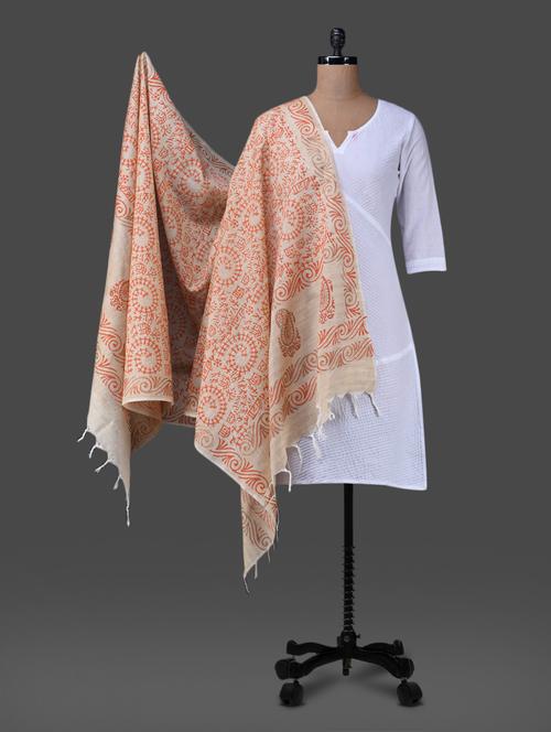 orange block printed cotton polysilk dupatta - 1157300 - Very Small Image - 1