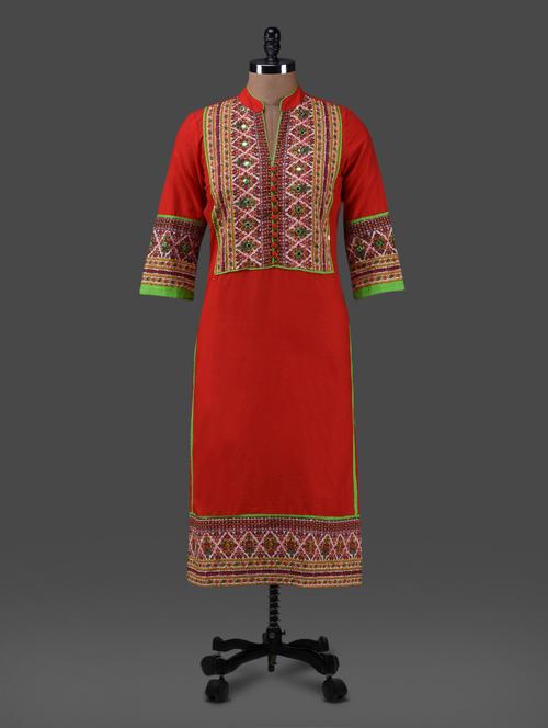 red printed cotton kurta with mirror work - 1157347 - Very Small Image - 1