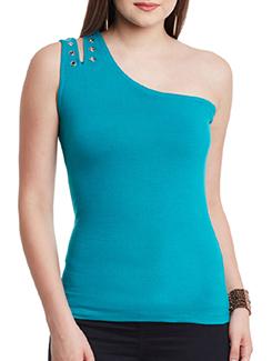solid sky blue cotton single shoulder top - 11615649 - Very Small Image - 1