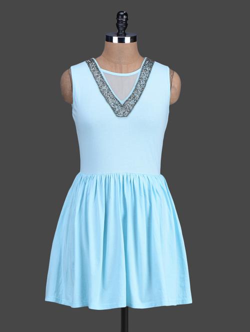 Embellished Sky Blue Sleeveless Skater Dress - 1164516 - Very Small Image - 1