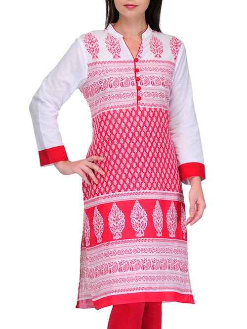 pink mandarin collar printed cotton kurta - 1168833 - Very Small Image - 1