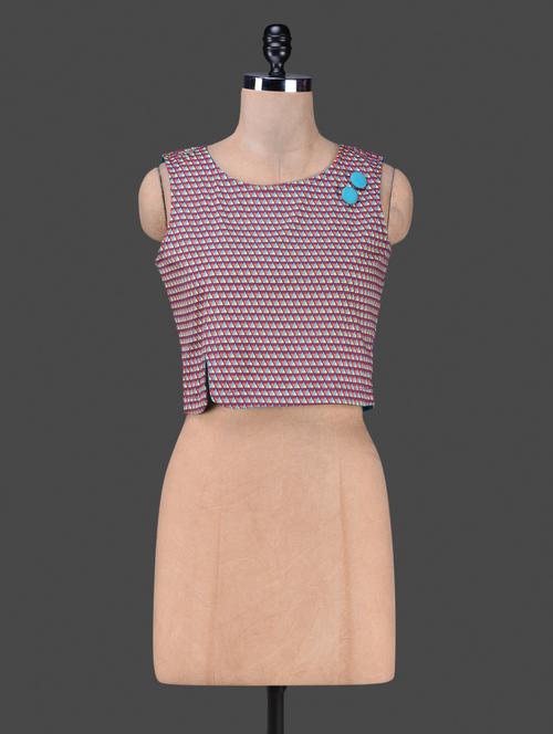 sleeveless round neck geometric print crop top - 1170374 - Very Small Image - 1