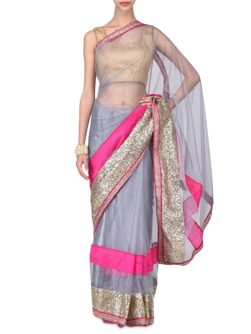 sequins embellished grey net saree - 1174036 - Very Small Image - 1