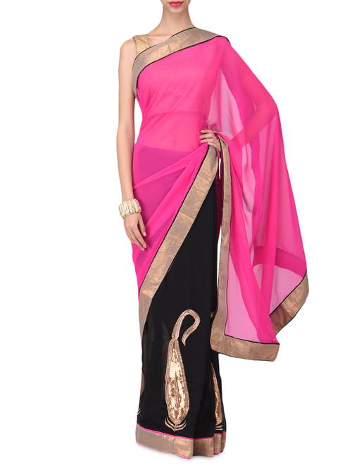 zari embroidered fuchsia and black poly georgette saree - 1174044 - Very Small Image - 1