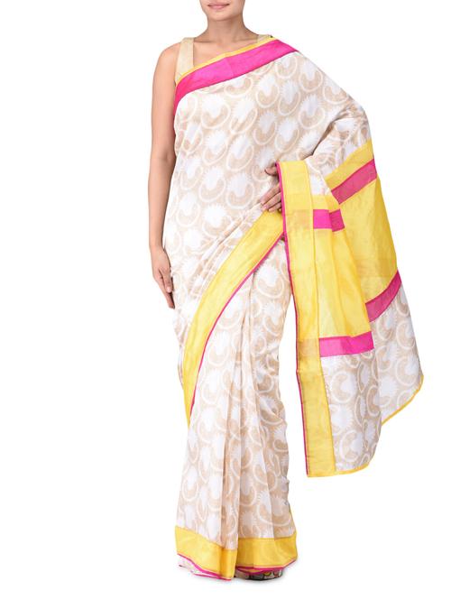 printed white and beige silk saree - 1174046 - Very Small Image - 1