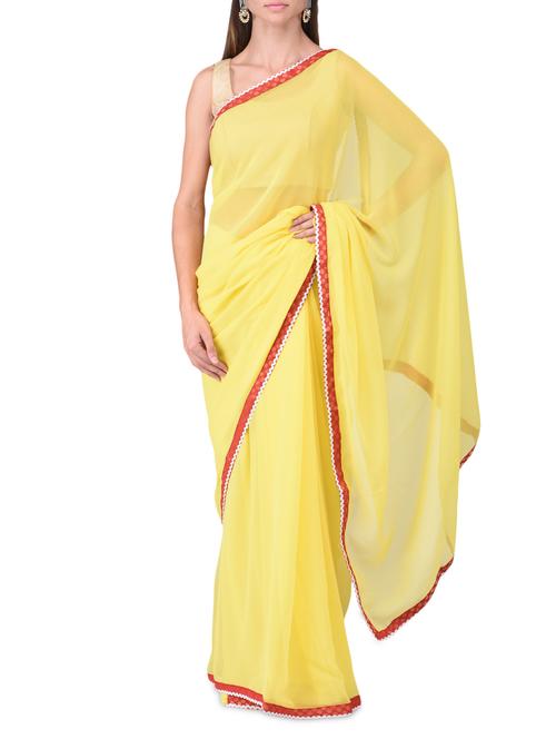 lemon yellow poly georgette saree with brocade border - 1174053 - Very Small Image - 1