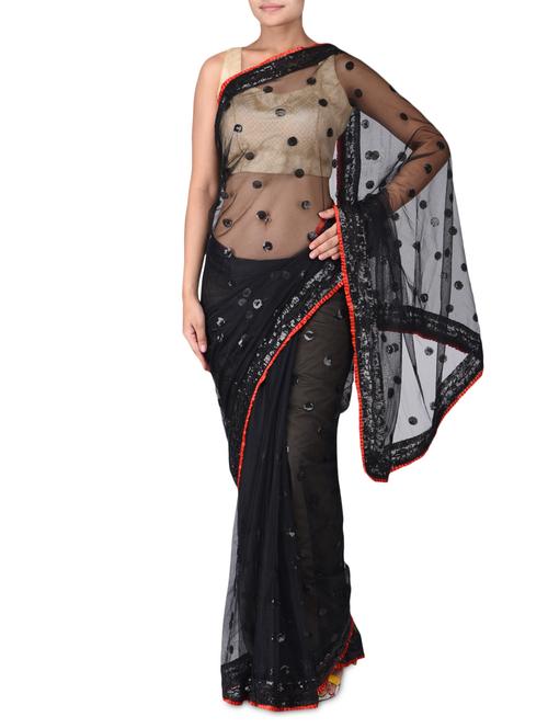 sequin embellished black net saree - 1174056 - Very Small Image - 1